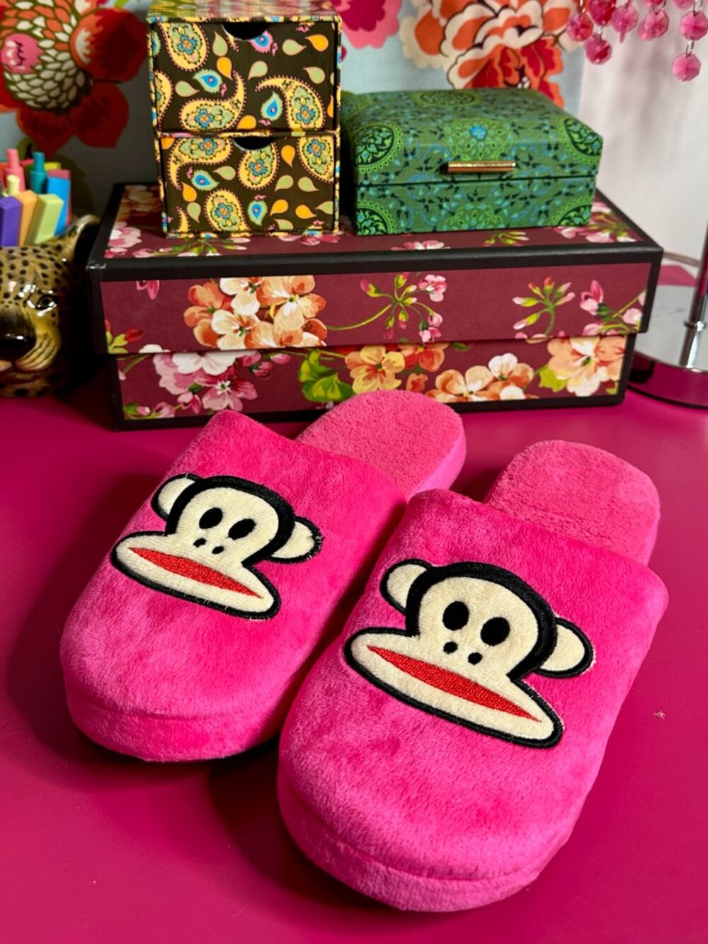 💖 Paul Frank Julius Monkey Hot Pink Plush Slippers Y2K Scene McBling